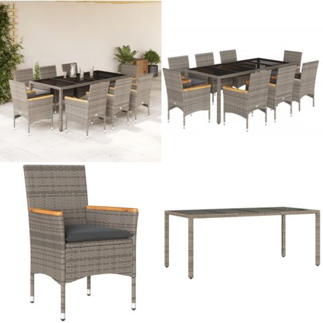 Set comedor jardín 9 pzas y cojines ratán sintético vidrio gris - Muebles de jardín - Sillas de jardín