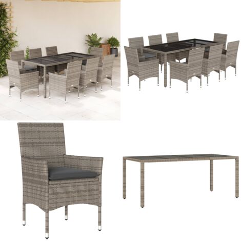 Set comedor jardín 9 pzas y cojines ratán sintético vidrio gris - Muebles de jardín - Sillas de jardín