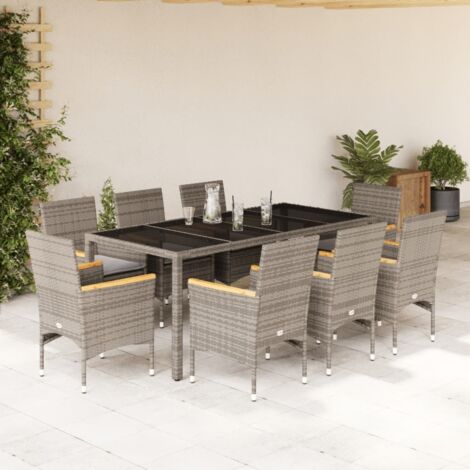 Set comedor jardín 9 pzas y cojines ratán sintético vidrio gris vidaXL