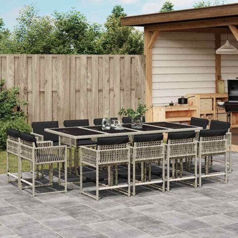 Set comedor jardín y cojines 13 pzas ratán sintético gris claro