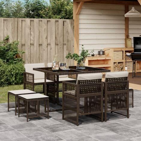 Set comedor para jardín 9 pzas y cojines ratán sintético marrón