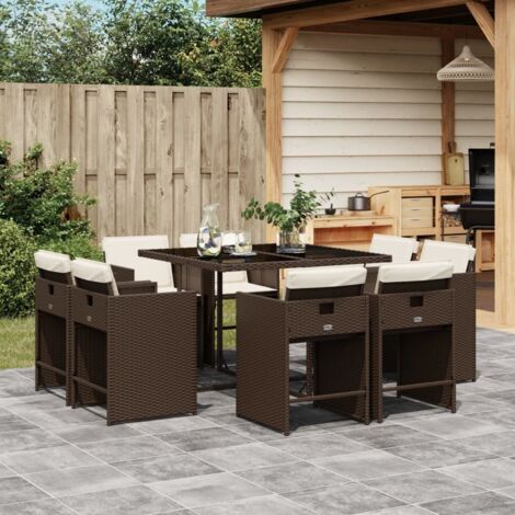 Set comedor para jardín 9 pzas y cojines ratán sintético marrón