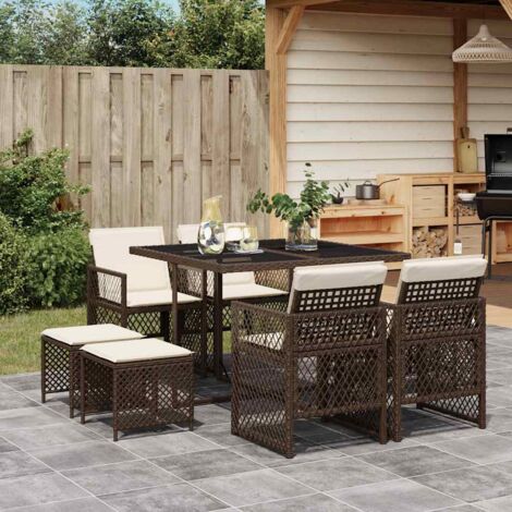 Set comedor para jardín 9 pzas y cojines ratán sintético marrón