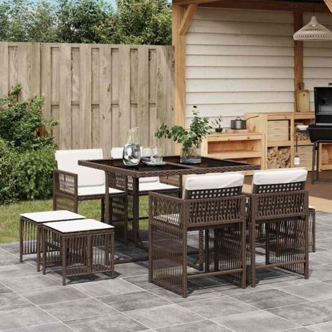 Set comedor para jardín 9 pzas y cojines ratán sintético marrón