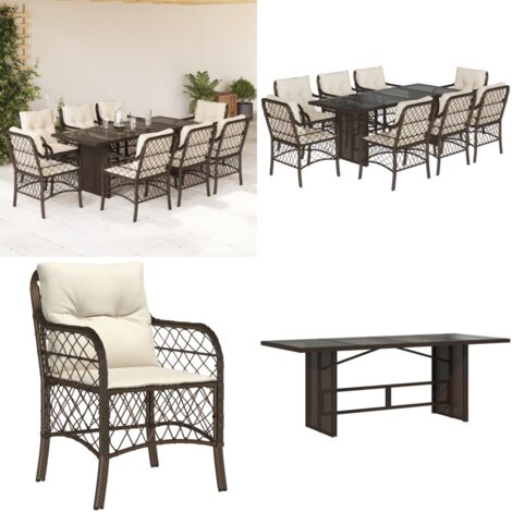 Set comedor para jardín 9 pzas y cojines ratán sintético marrón - Muebles de jardín - Sillas de jardín