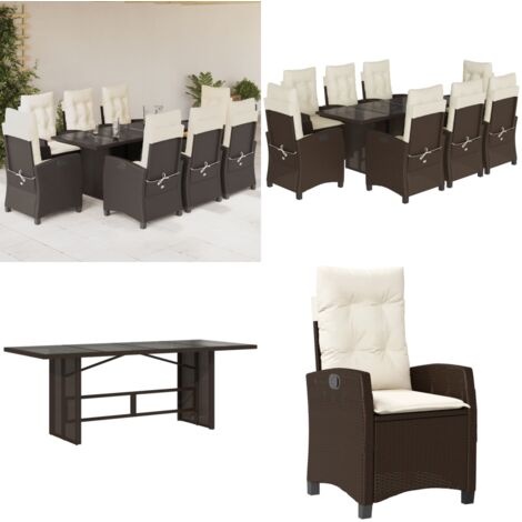 Set comedor para jardín 9 pzas y cojines ratán sintético marrón - Muebles de jardín - Sillas de jardín