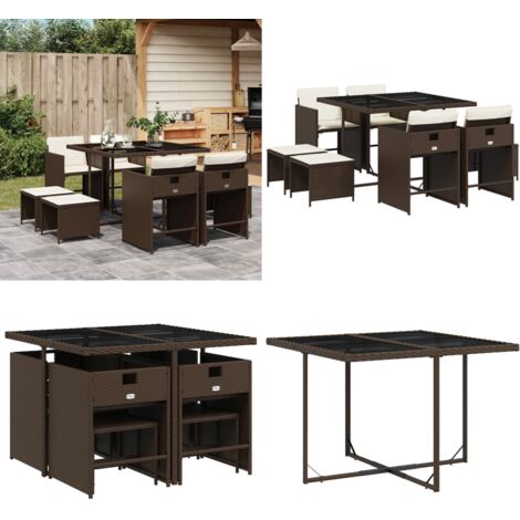 Set comedor para jardín 9 pzas y cojines ratán sintético marrón - Sillas de jardín - Cojines para sillas