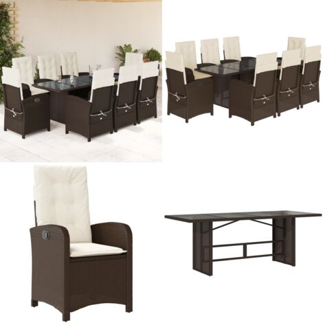 Set comedor para jardín 9 pzas y cojines ratán sintético marrón - Sillas de jardín reclinables - Cojines para jardín