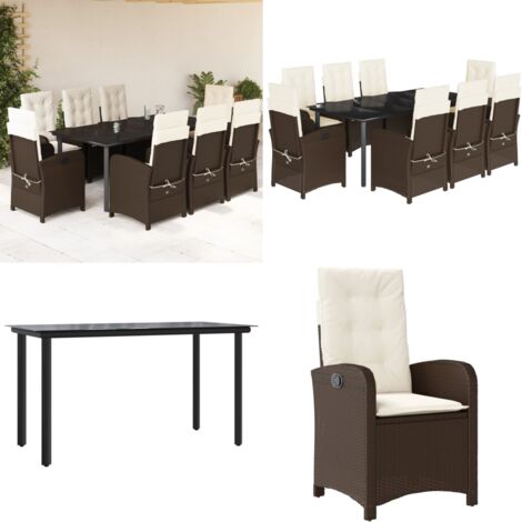 Set comedor para jardín 9 pzas y cojines ratán sintético marrón - Sillas de jardín reclinables - Cojines para jardín