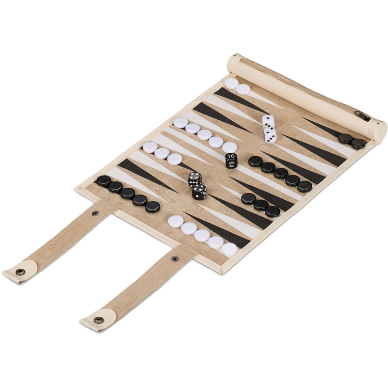 Relaxdays - Set complet pour jouer au backgammon, à enrouler, dimensions plateau lp : 32x26 cm, similicuir, beige