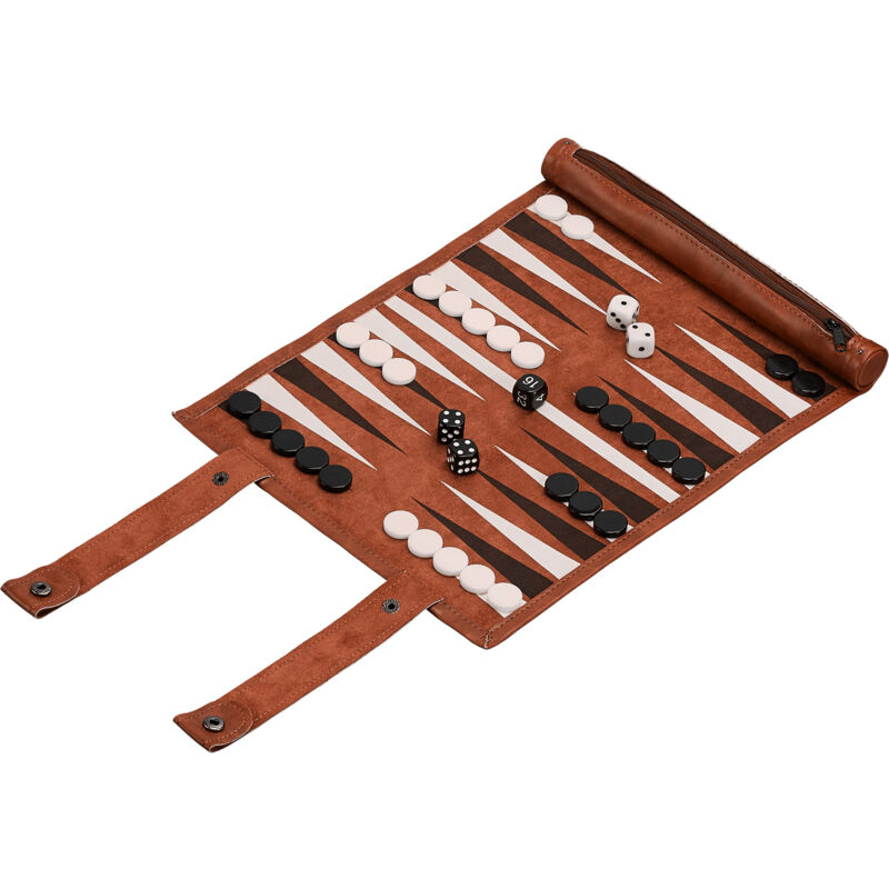 Relaxdays - Set complet pour jouer au backgammon, à enrouler, dimensions plateau lp : 32x26 cm, similicuir, brun rouge