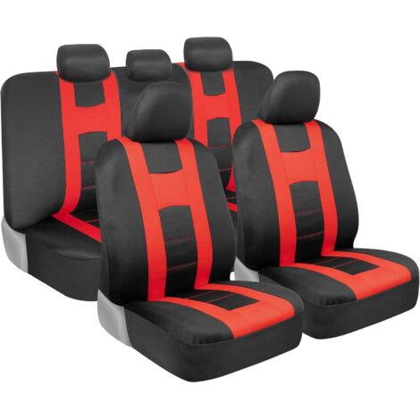 Set completo di coprisedili per auto rossi, coprisedili anteriori bicolore con coprisedili posteriori abbinati per auto, protezioni in tessuto poliestere con panca divisa, rivestimenti interni per aut
