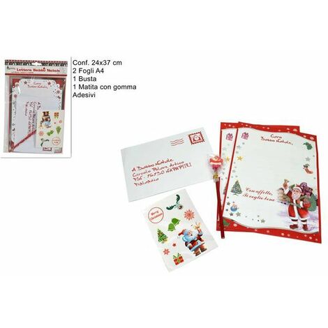 Set completo lettera a Babbo Natale con fogli, busta, matita e adesivi per regali natalizi