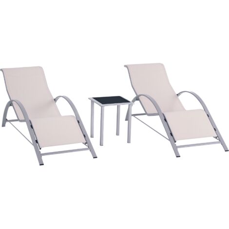 Set composto da 2 lettini prendisole e tavolino con piano in vetro, 59x169x66 cm, color crema.