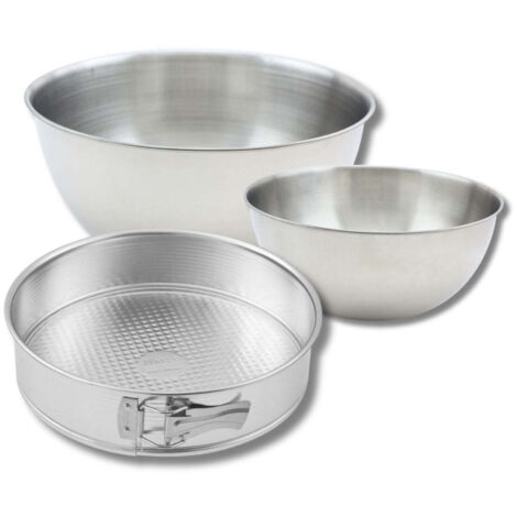 Set comprenant 1 Moule à manqué charnière 28 cm, 1 spatule Zenker et 2 bols à mixer en inox Fackelmann