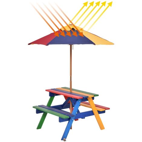 Set con tavolo picnic di legno e ombrellone per bambini, Tavolo e panchina con 4 posti e ombrellone pieghevoli