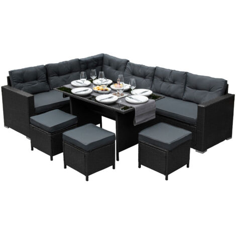 Set Conjunto de Muebles de Jardín de Ratán Negro con Sofá de 9 Plazas Exterior Balcón Patio Terraza Salón Cojines Impermeables Mesa de Vidrio Templado Protección UV Funda Impermeable GRATIS