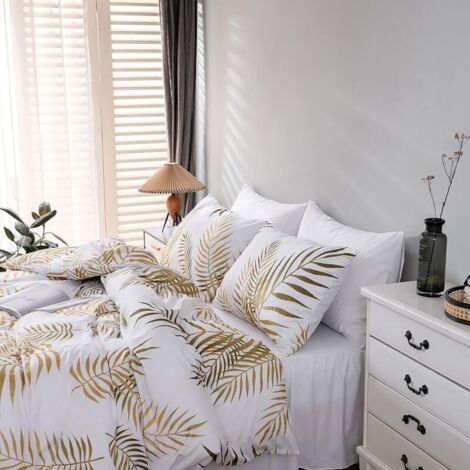 Set copripiumino 220x240 cm (matrimoniale) e 2 federe 50x75 cm, 100% microfibra, set biancheria da letto con motivo botanico a foglie tropicali dorate con chiusura a cerniera, oro e bianco
