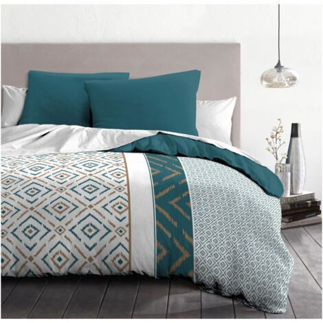 Set copripiumino HOME LINGE PASSION in microfibra blu anatra etno geometrico 240x260 cm con 2 federe 63x63 cm