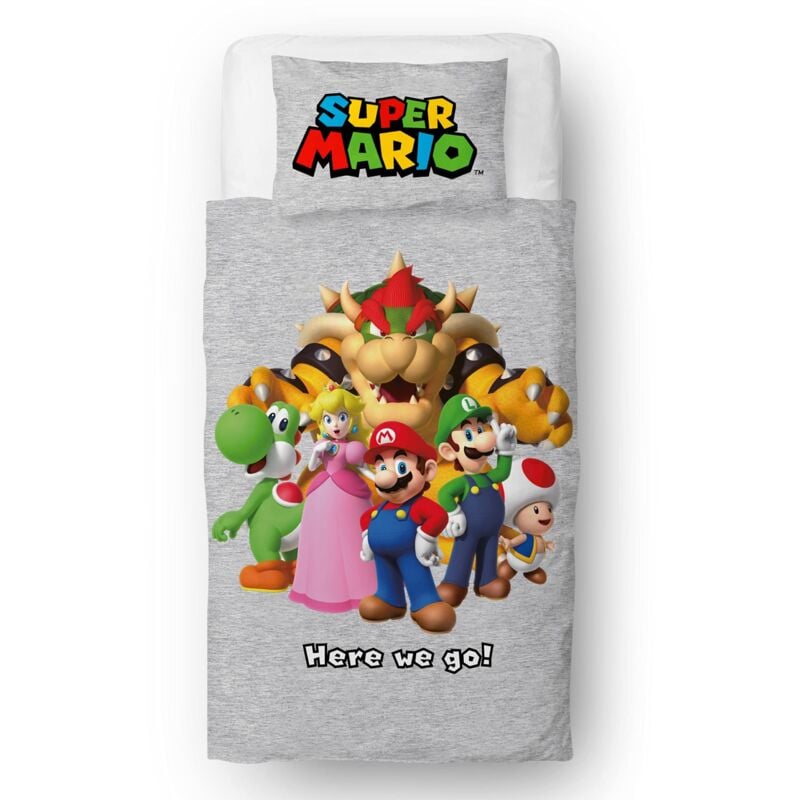 Image of Set copripiumino singolo ufficiale Nintendo Super Mario, motivo Here We Go copripiumino reversibile su 2 lati, con federa coordinata, set da letto