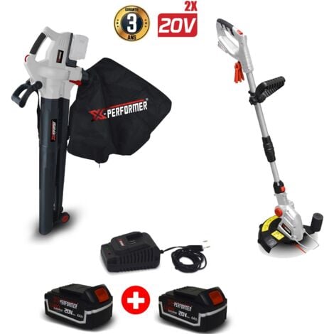 Set Coupe bordures à batterie 20V - X-Performer + Aspirateur souffleur broyeur feuilles 40V + 2 Batterie 4Ah + chargeur