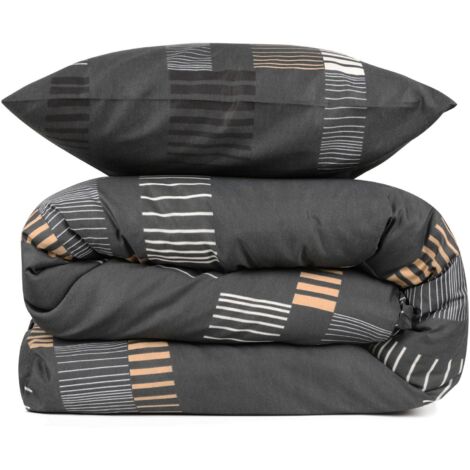 Set couvre-lit 240x220cm et 2 taies d'oreiller 60x60cm Willis 100% Coton Motif Rayure Anthracite, Blanc et Or
