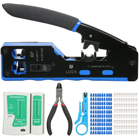Set crimpado RJ45 profesional, compatible Cat5e Cat6 Cat6a, 100 conectores + tapas, crimpadora y cuchillas, ideal para instalador redes
