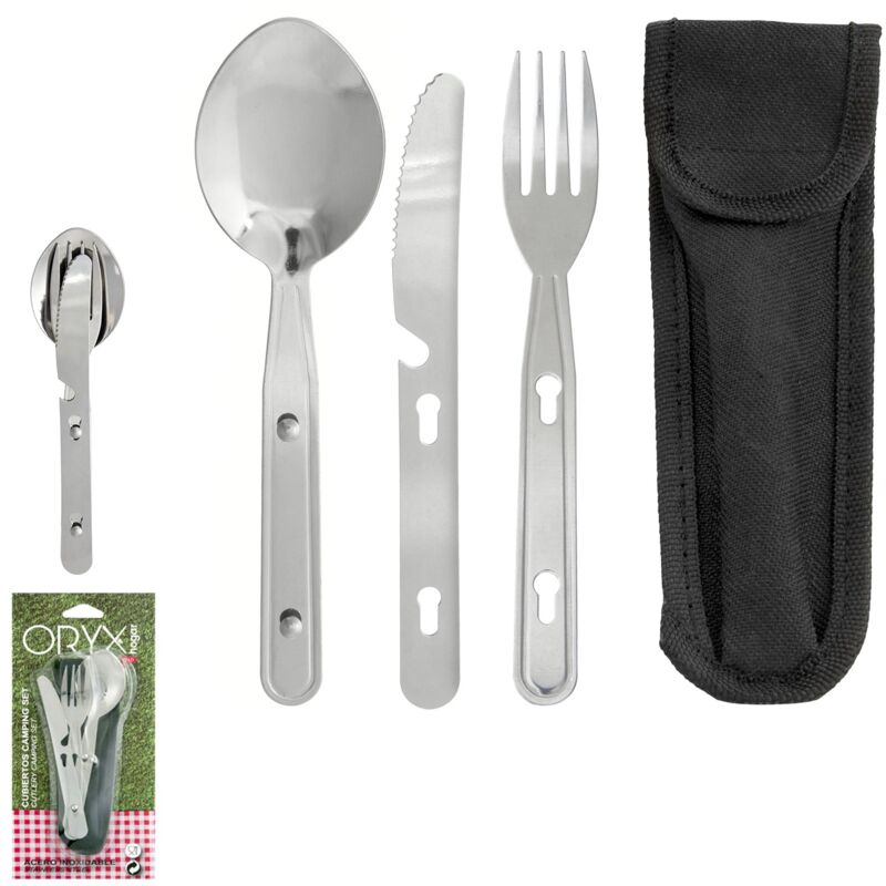 

Cubiertos camping acero inoxidable 3 piezas con funda nylon