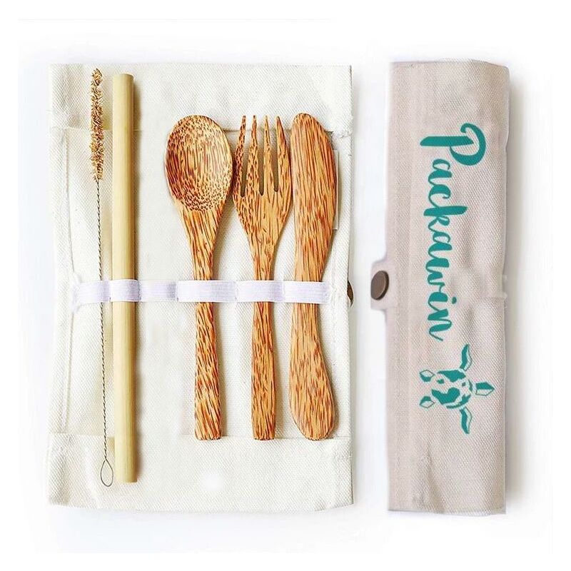 

Set cubiertos madera de coco y pajita de bambú - Packawin