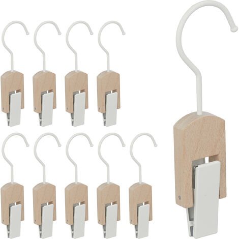 Set da 10 Appendi Stivali, Gruccia in Legno con Clip e Gancio in Ferro, Mollette Gommate, Bianco e Legno
