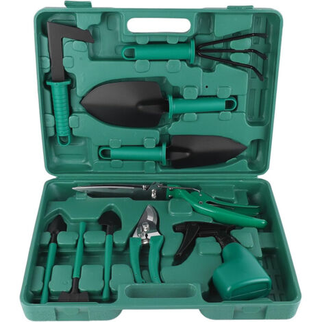 Set da 10 attrezzi da giardino in alluminio – Verde – con paletta, rastrello ecc