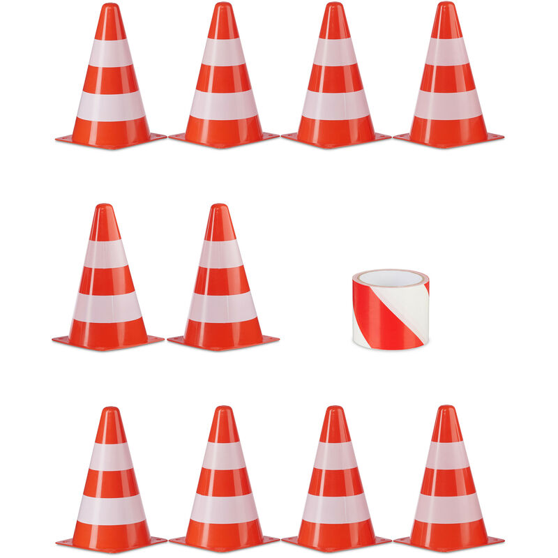 Image of Set da 10 Coni Stradali, con Nastro da 50 m e Borsa, Birilli Segnaletici da 22,5 cm, Allenamento, Arancione - Relaxdays