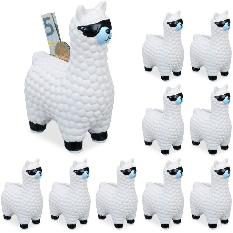 Set of 10 Relaxdays Lama with Sunglasses Savings Banks, Great Gift Decoration, Ceramic Piggy Bank, 15.5x11x6cm, White