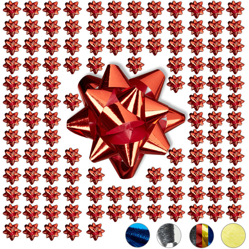 Relaxdays Set da 100 Fiocchetti per Pacchetti Regalo, Stelle Decorative per Natale e Compleanni, Ø 5 cm, Rosso