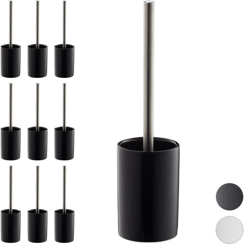 Set of 10 Relaxdays Ceramic wc Accessory Packages, Toilet Brush with Round Holder, Exchangeable Brush Head, 36 cm, Black