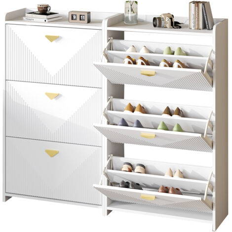 Set da 2 pezzi scarpiera e credenza 140 x 30 x 120 cm, con 6 ante a battente, MDF, bianco, design termoformato, larghezza regolabile