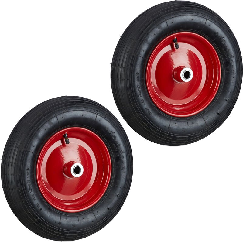 Relaxdays Set of 2 Wheelbarrow Tyre 4.80 4.00-8, Pneumatic, 120 kg Capacity, Spare Wheel with Valve, Garden, Black/Red