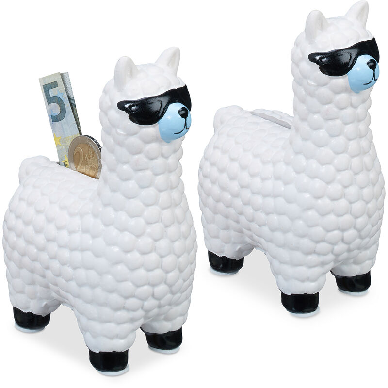 Relaxdays - Set of 2 Lama with Sunglasses Savings Banks, Great Gift and Decoration, Ceramic Piggy Bank, 15.5x11x6cm, White