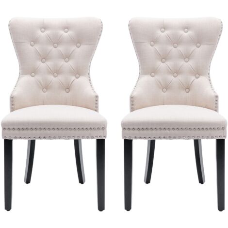 Set da 2 sedie da pranzo, sedie da cucina con rifiniture a borchie, gambe rovere, sedie moderne in lino beige, per camera