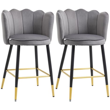 SET DA 2 SGABELLI DA BAR VELLUTATI CON POGGIAPIEDI E BASE IN ACCIAIO. 59X52X90CM. GRIGIO