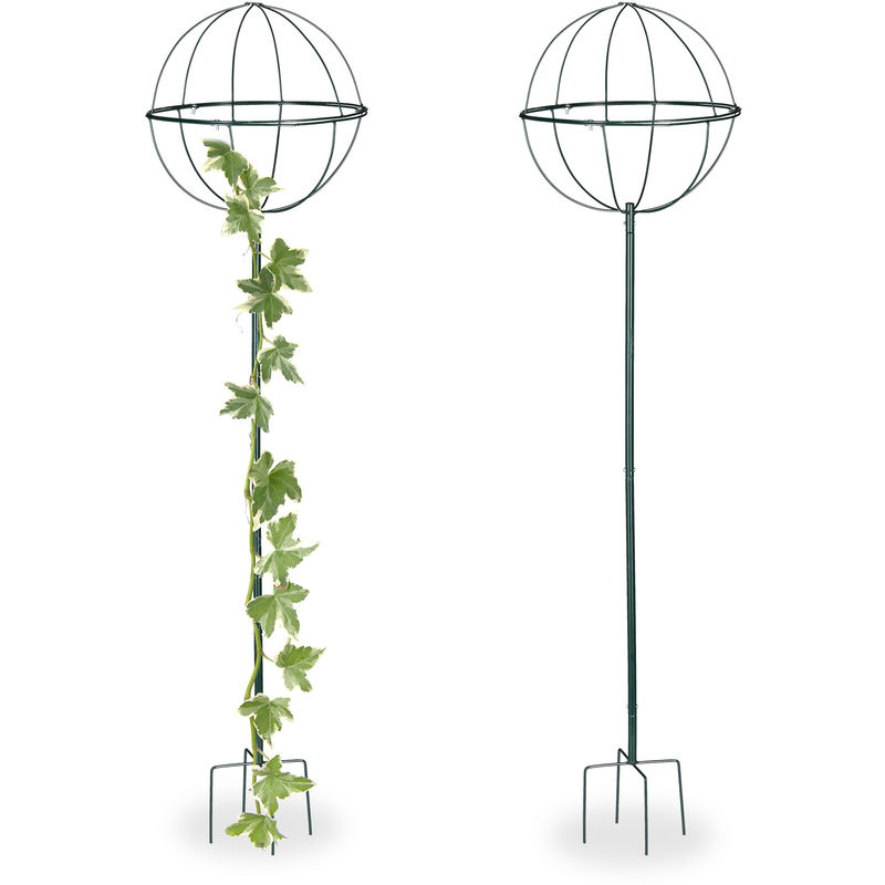 Set da 2 Sostegni per Piante Rampicanti, 157 cm, Supporti Rotondi con Sfera, Aiuole e Terreno, Verde Scuro - Relaxdays