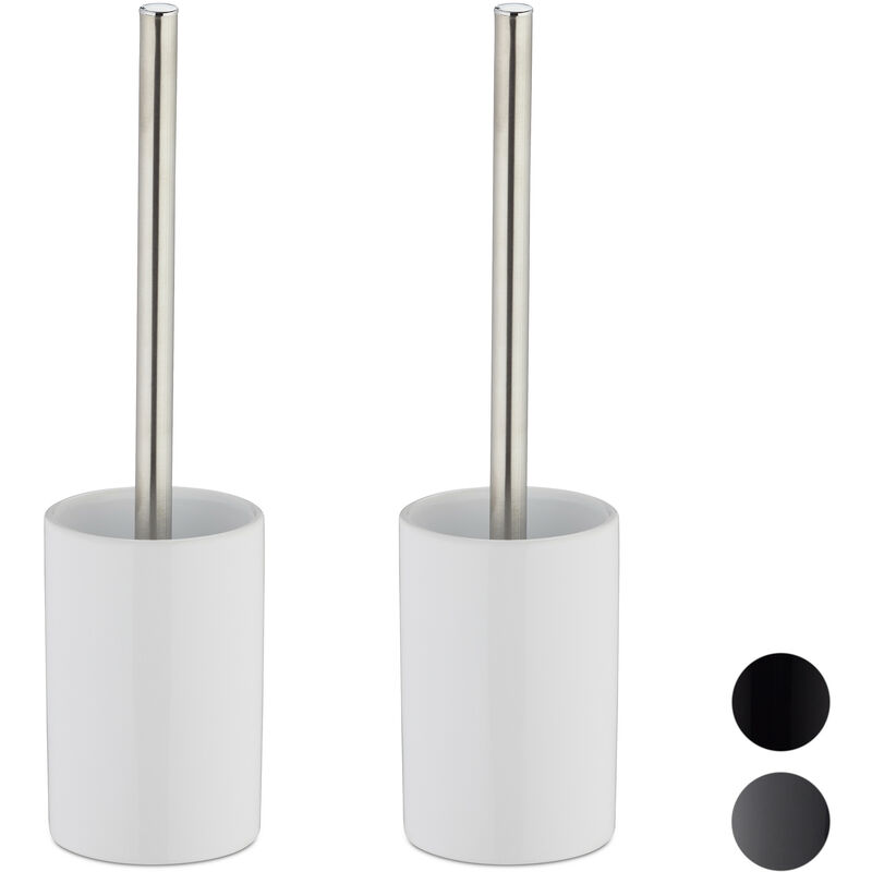 Set of 2 Relaxdays Ceramic WC Accessory Packages, Toilet Brush with Round Holder, Exchangeable Brush Head, 36 cm, White