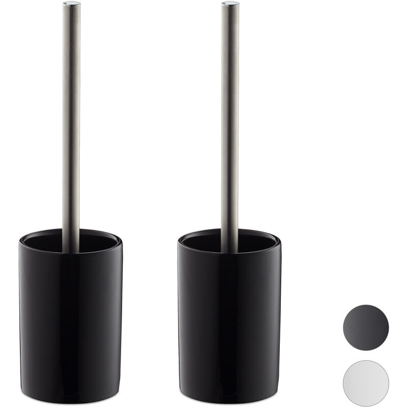 Set of 2 Relaxdays Ceramic wc Accessory Packages, Toilet Brush with Round Holder, Exchangeable Brush Head, 36 cm, Black