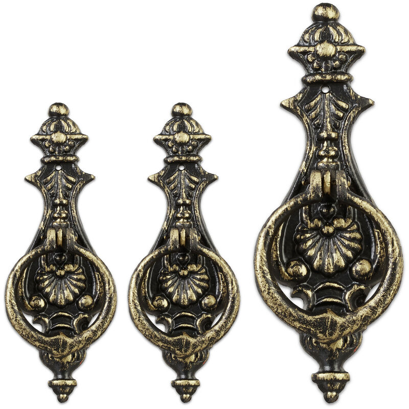 Set of 3 Antique Knockers, Cast Iron, Embellished Ring, For Front Door, HxWxD: 24 x 8.5 x 3 cm, Bronze/Black - Relaxdays