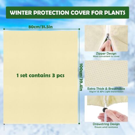 Set da 3 pezzi 100x80cm 80g/m² Telo protettivo invernale per piante Uso esterno Resistente agli strappi Riutilizzabile Telo invernale per piante con cerniera Marrone Telo specifico per piante di palma