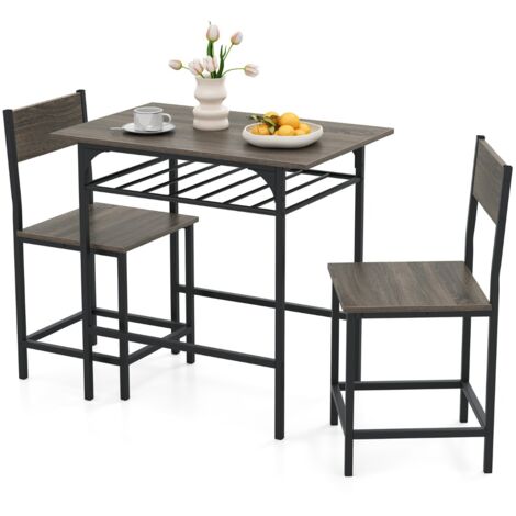 Set da 3 pezzi di tavolo e sedie con struttura in metallo e ripiano di stoccaggio, Set da pranzo per piccoli spazi Grigio