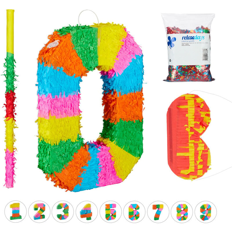 Pinata, Zero Shape, Birthday Party for Children and Adults, Fillable Piñata, Mask, Confetti and Bat, Colourful - Relaxdays