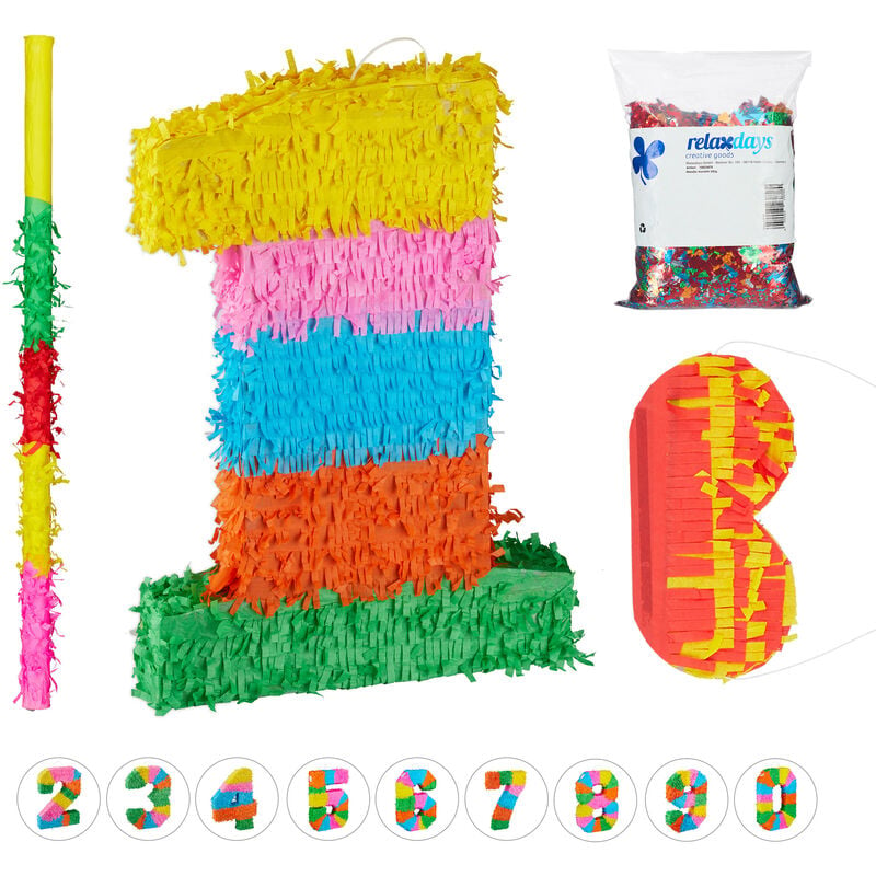 Relaxdays - Pinata, Number 1, Birthday Party for Children and Adults, Fillable Piñata, Mask, Confetti and Bat, Colourful