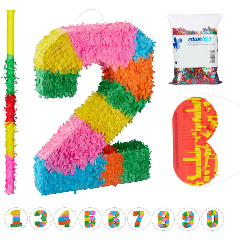 Relaxdays - Pinata, Number 2, Birthday Party for Children and Adults, Fillable Piñata, Mask, Confetti and Bat, Colourful