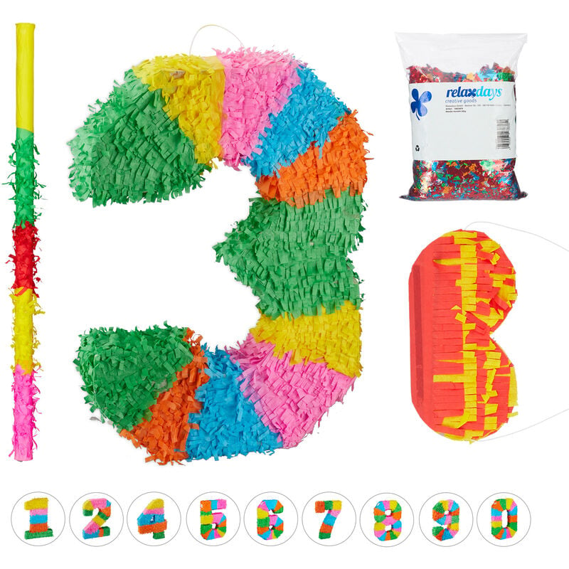 Relaxdays - Pinata, Number 3, Birthday Party for Children and Adults, Fillable Piñata, Mask, Confetti and Bat, Colourful